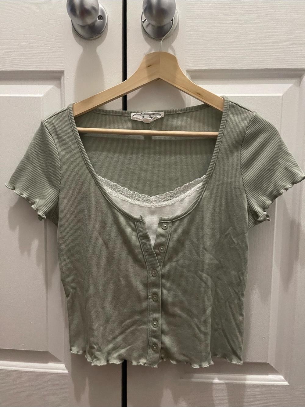 (NEW) Hippie Rose Sage Green Ribbed Button-Front Crop Top with Lace Cami